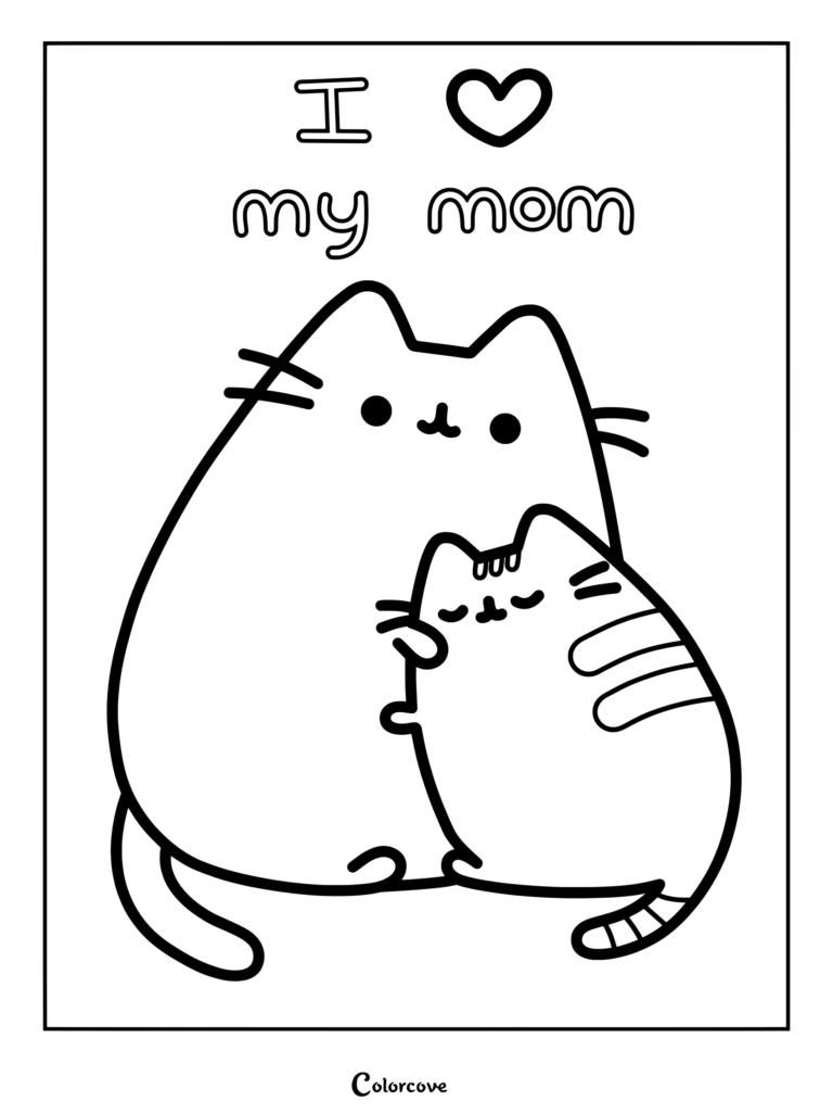Page de coloriage de Pusheen se blottissant contre sa mère, accompagnée du doux message « J'aime ma maman ».