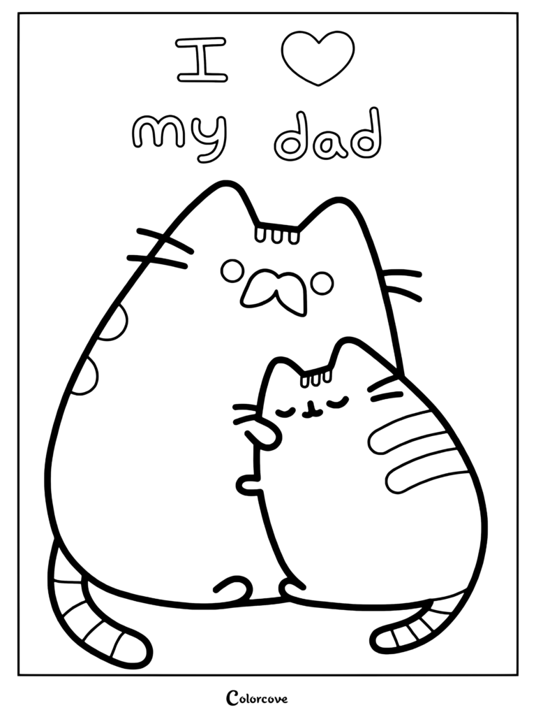 Page de coloriage de Pusheen câlinant son père Biscuit avec le texte « J'aime mon papa »