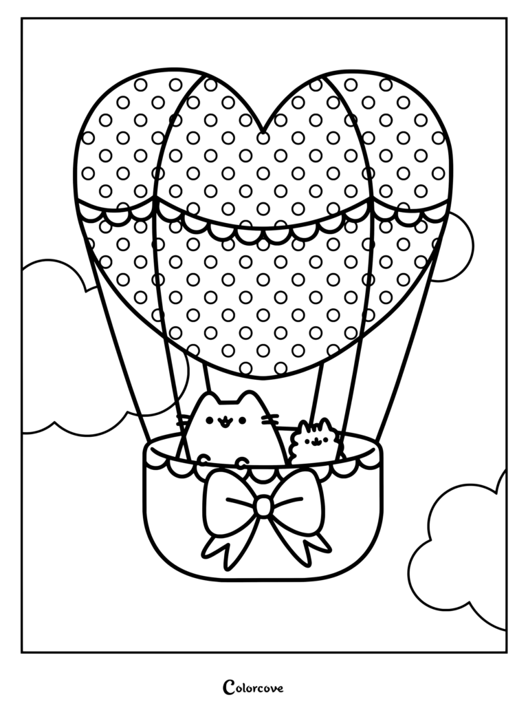 Page de coloriage de Pusheen et sa sœur Stormy dans une montgolfière féerique à pois en forme de cœur