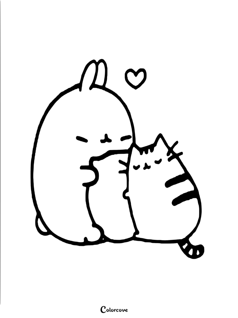 Page de coloriage de Molang enlaçant Pusheen gris rayé avec un traversin rose et blanc