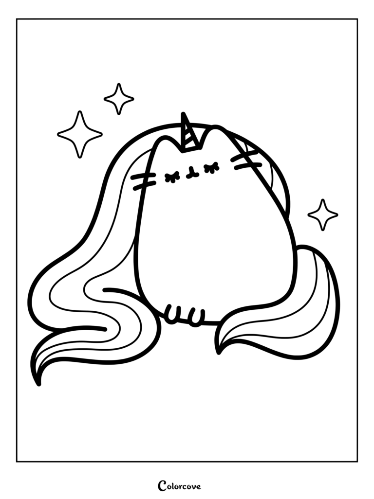 Coloriage de Pusheenicorn, la célèbre version licorne magique du chat Pusheen, avec des étoiles scintillantes