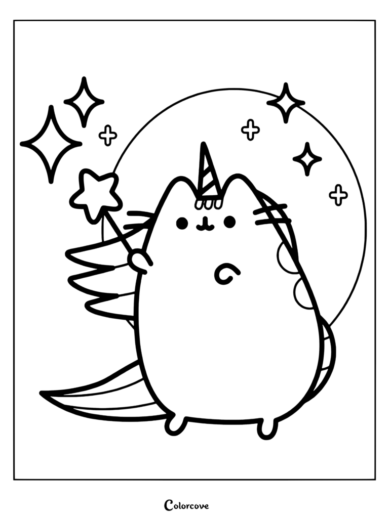 Page de coloriage de Pusheen déguisée en licorne magique avec une corne, des ailes et une baguette étoilée