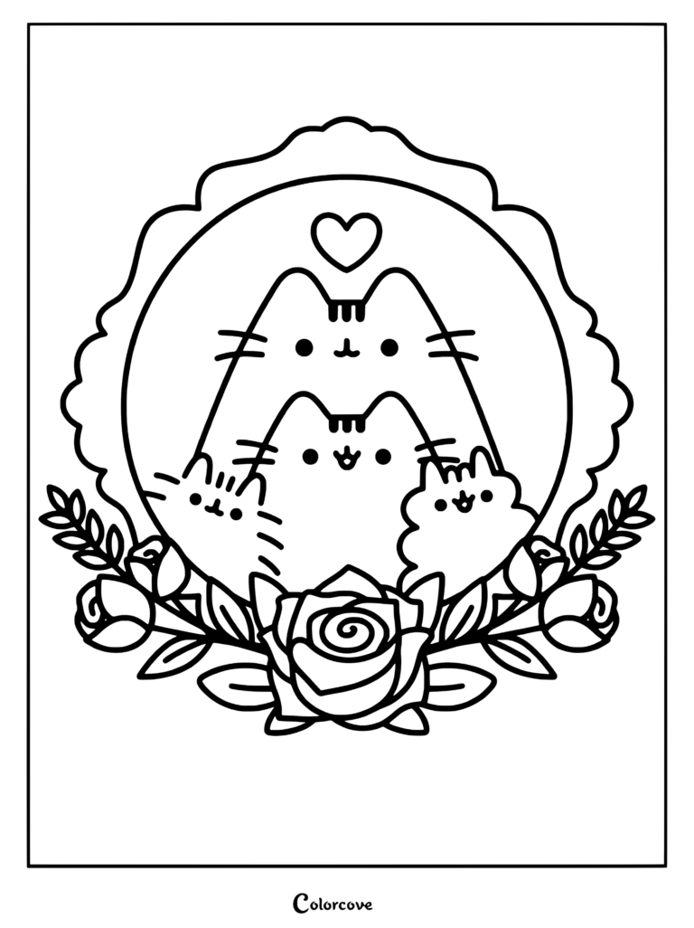 Page de coloriage d'un portrait de famille de Pusheen avec Pusheen, Stormy, Pip et Cheek dans un cadre festonné décoré de roses et d'un cœur.