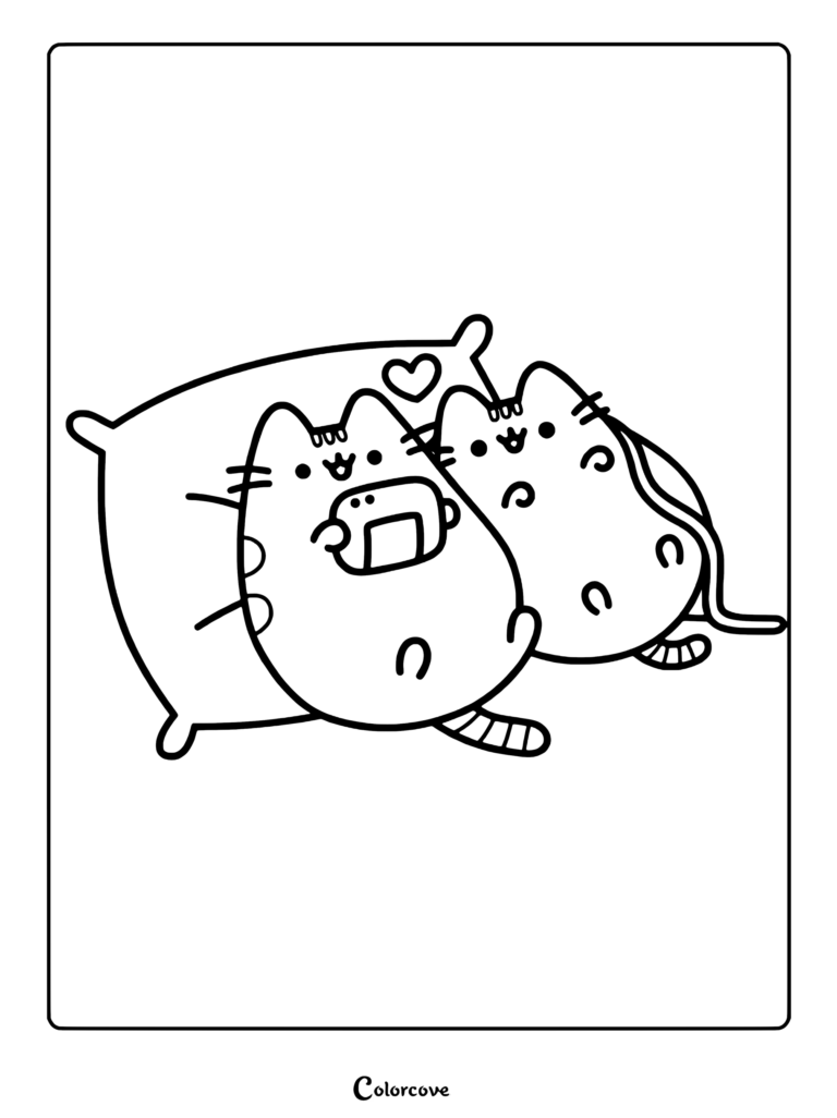 Page de coloriage style dessin au trait de Pusheen se blottissant contre son compagnon Tommy sur un coussin rose en forme de cœur