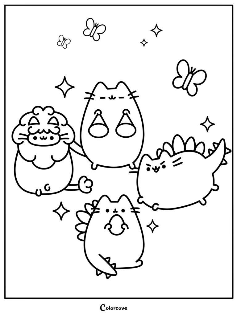 Page de coloriage sur le thème des créatures du zodiaque Pusheen avec des personnages représentés en lion (Lion), tenant une balance (Balance) et de mignons petits Dinosheens
