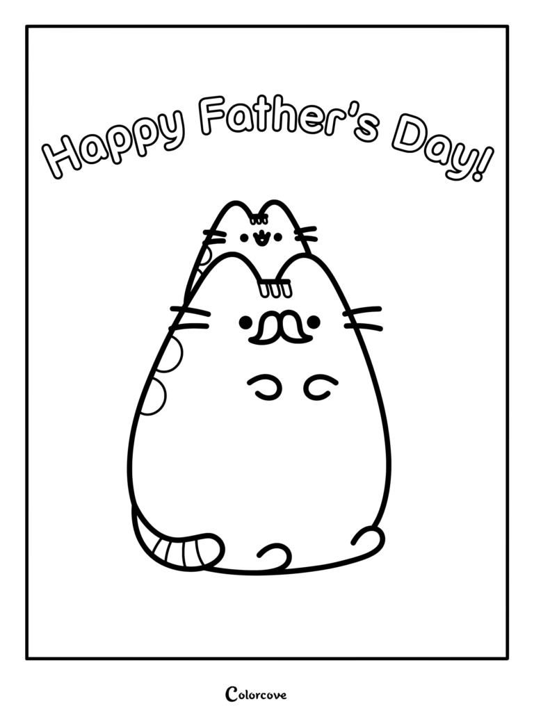 Page de coloriage de Pusheen et son père célébrant la Fête des Pères avec une banderole