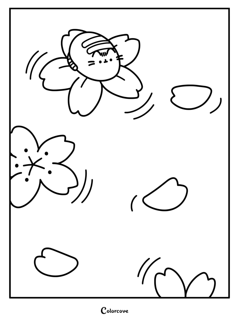 Coloriage de Pusheen jouant parmi des pétales de fleurs de cerisier tombants