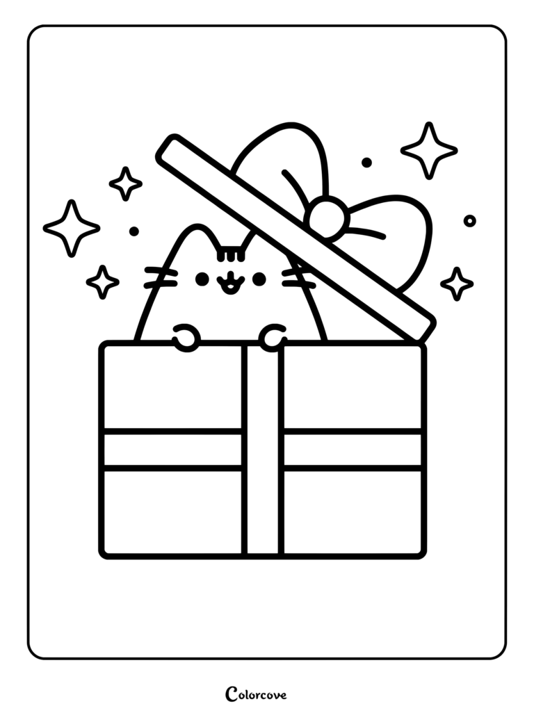 Coloriage de Pusheen sortant la tête d'une boîte cadeau emballée entourée d'étincelles