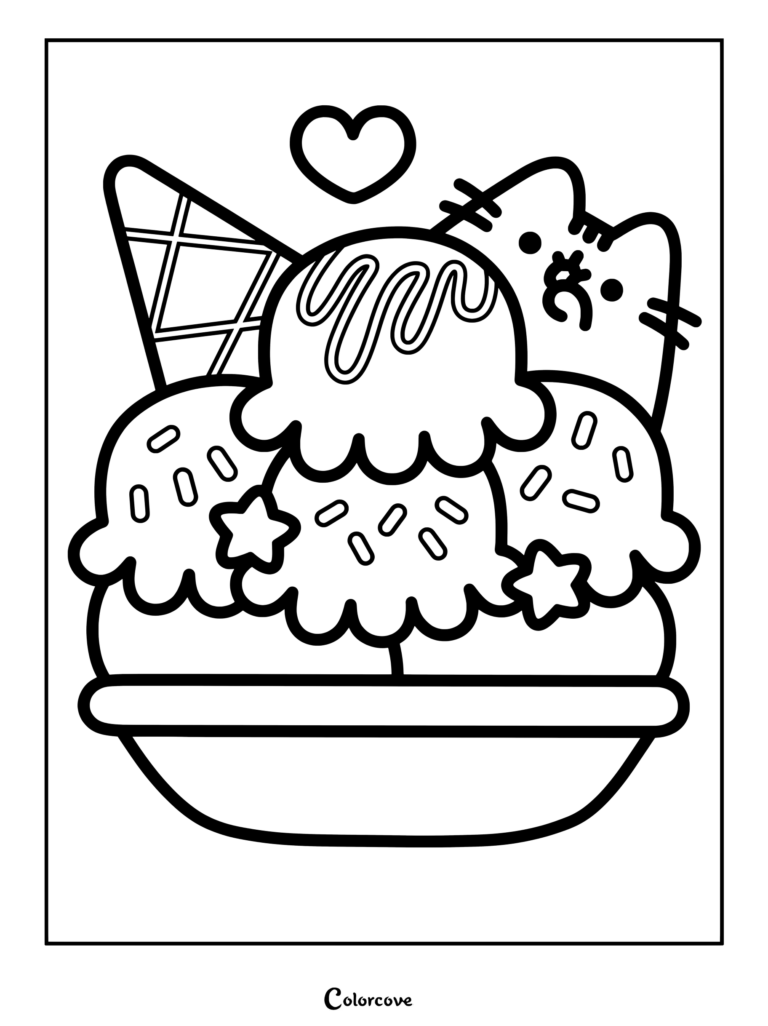 Coloriage de Pusheen observant derrière une grande coupe de glace sundae décorée de vermicelles, d'un cône gaufrette et d'un cœur