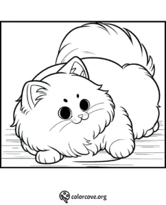 Cute fluffy big-eyed kitten coloring page for kids and adults. Perfect for fun and relaxing coloring activities.
