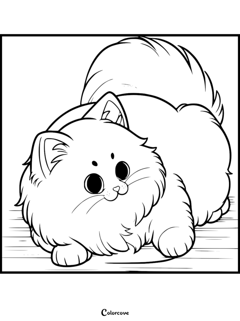 Un Chat Ragdoll pelucheux et mignon assis sur le sol sur cette page de coloriage gratuite à imprimer.
