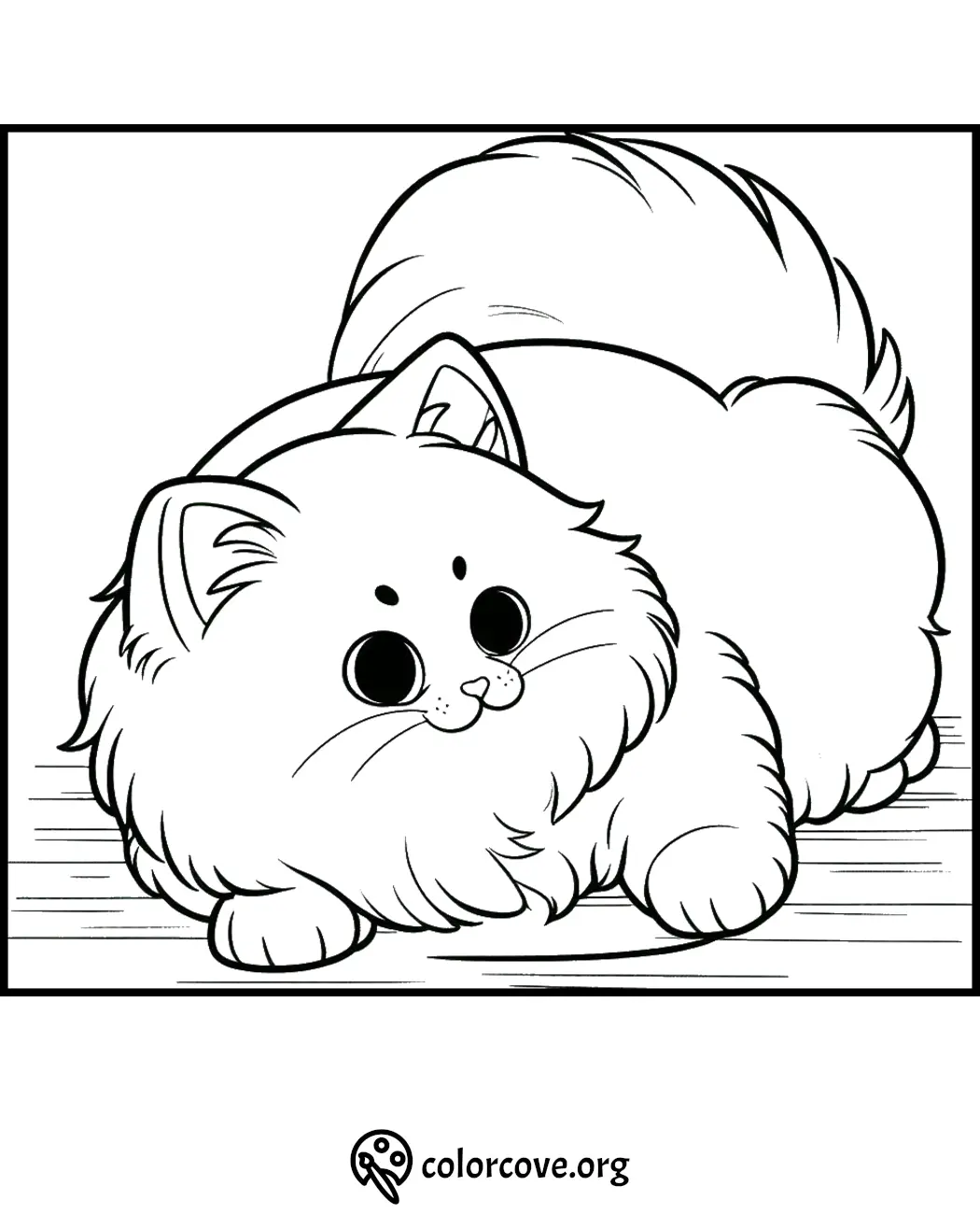 Adorable fluffy kitty coloring page for kids and adults, perfect for stress relief and creative fun from colorcove.org.