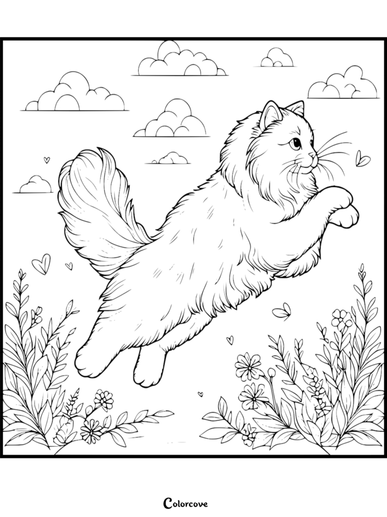 Un chat Ragdoll duveteux sautant à travers un jardin avec des fleurs et des nuages sur cette page de coloriage à imprimer.