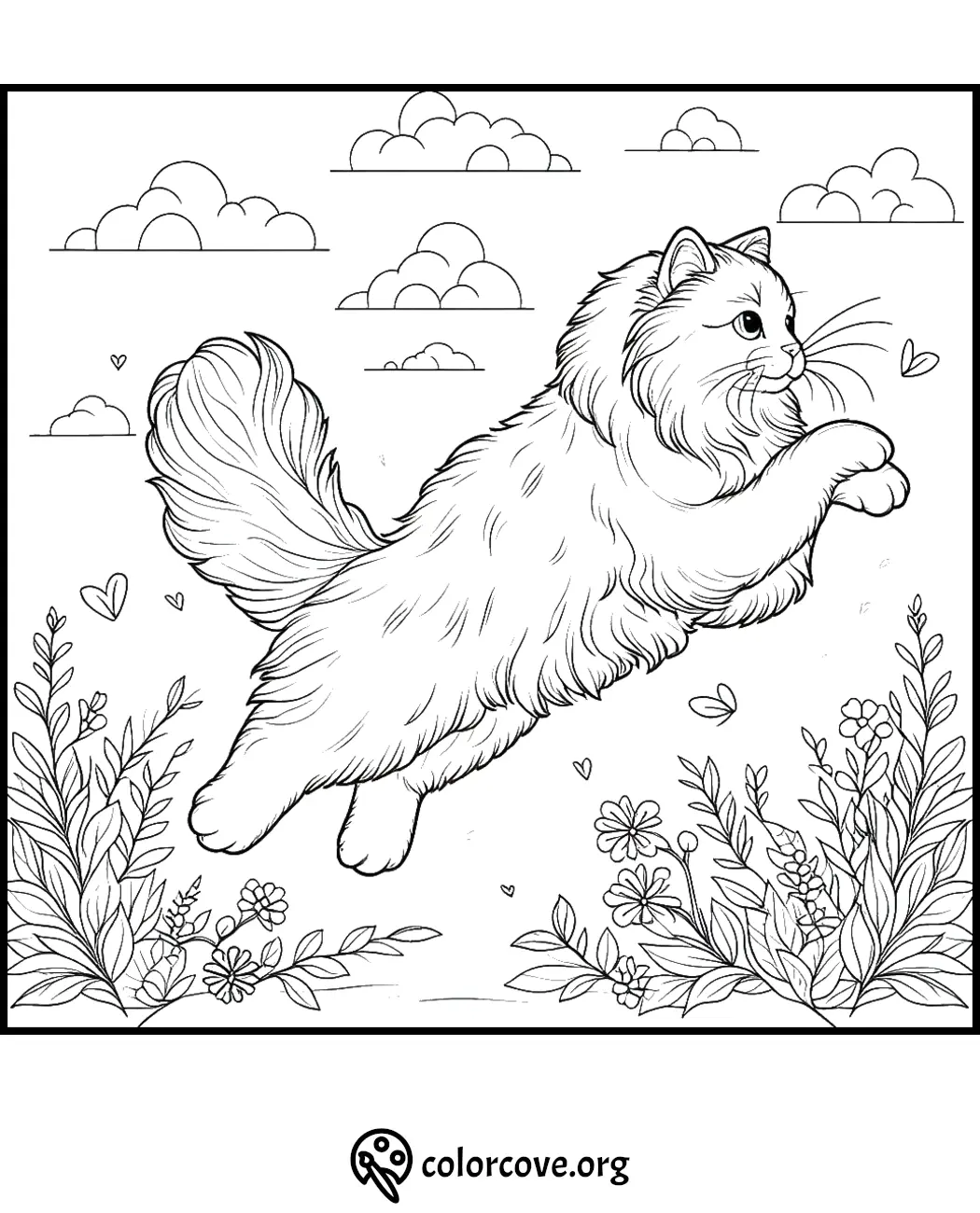 Coloring page featuring a fluffy cat leaping joyfully amongst flowers and clouds, perfect for a relaxing coloring activity.