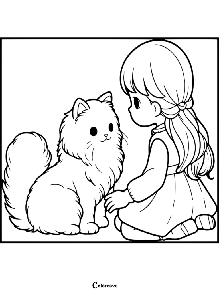 Une jeune fille avec une queue de cheval assise caressant un Chat Ragdoll pelucheux sur cette page de coloriage à imprimer.