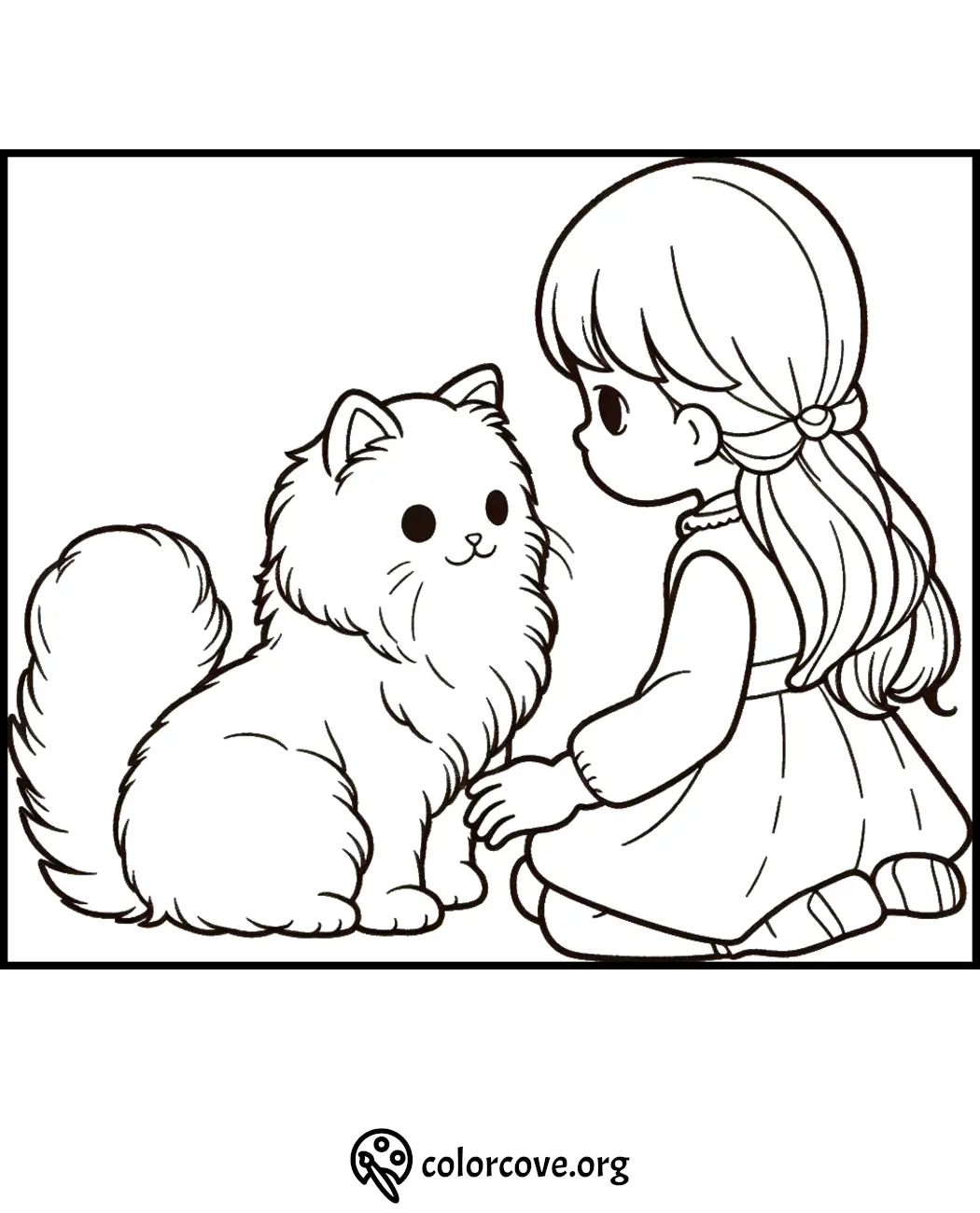 Coloring page of a girl kneeling and petting a fluffy cat, providing a cute and relaxing activity for children.