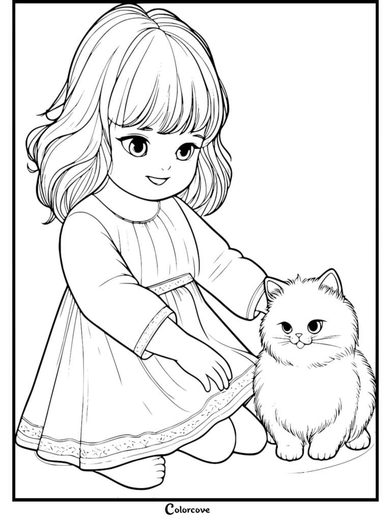 Une jeune fille aux cheveux ondulés caressant un Chat Ragdoll pelucheux sur cette page de coloriage gratuite à imprimer.