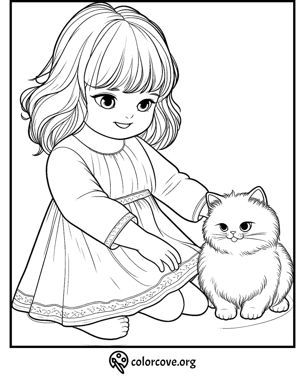 Cute coloring page of a young girl with long hair sitting and petting a fluffy cat. Visit colorcove.org for more coloring fun!