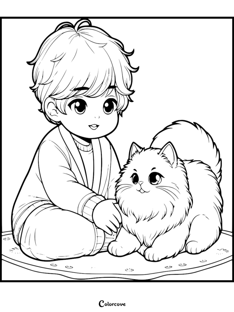 Un mignon garçon assis sur un tapis caressant un chat Ragdoll duveteux sur cette page de coloriage à imprimer.