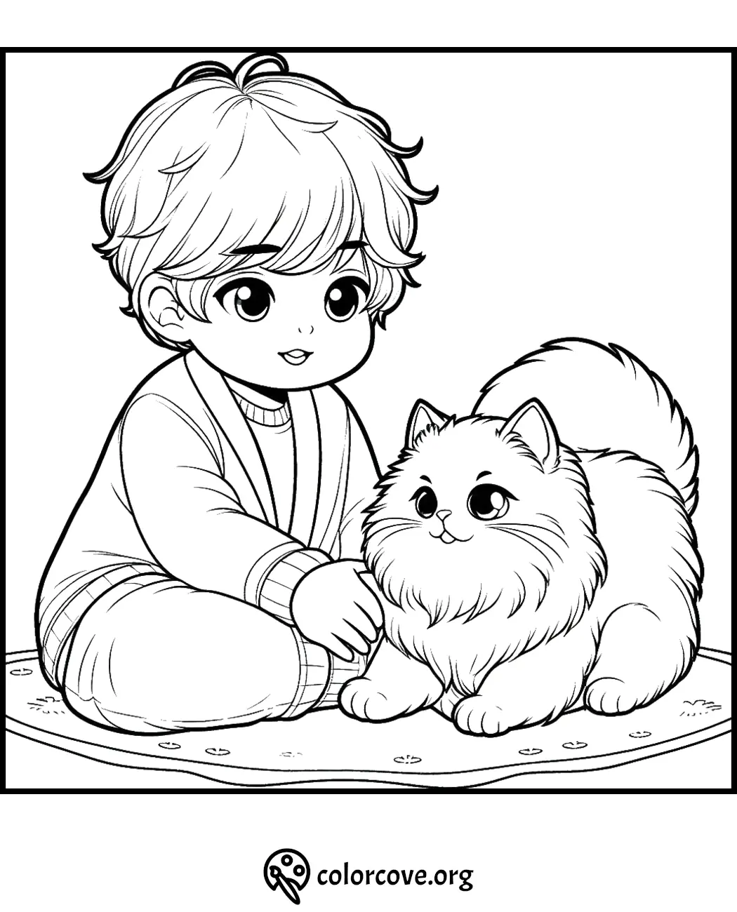 A child and fluffy cat on a coloring page, perfect for kids to color and enjoy quality time. Visit colorcove.org for more!