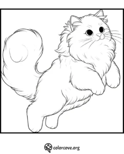 Fluffy cat coloring page for kids and adults, featuring a cute, furry feline with a bushy tail ready to be colored.