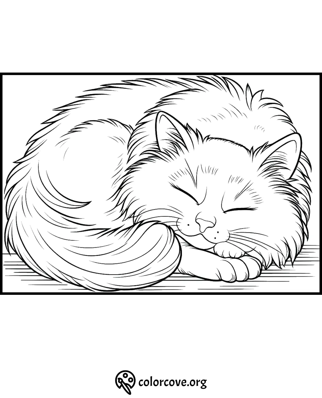 Cute cat coloring page featuring a fluffy feline sleeping peacefully. Ideal for kids and adults to color.