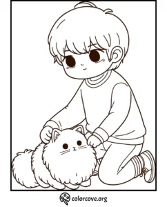 Cute coloring page: boy kneeling and petting a fluffy cat. Download and print for a fun activity. Colorcove.org.