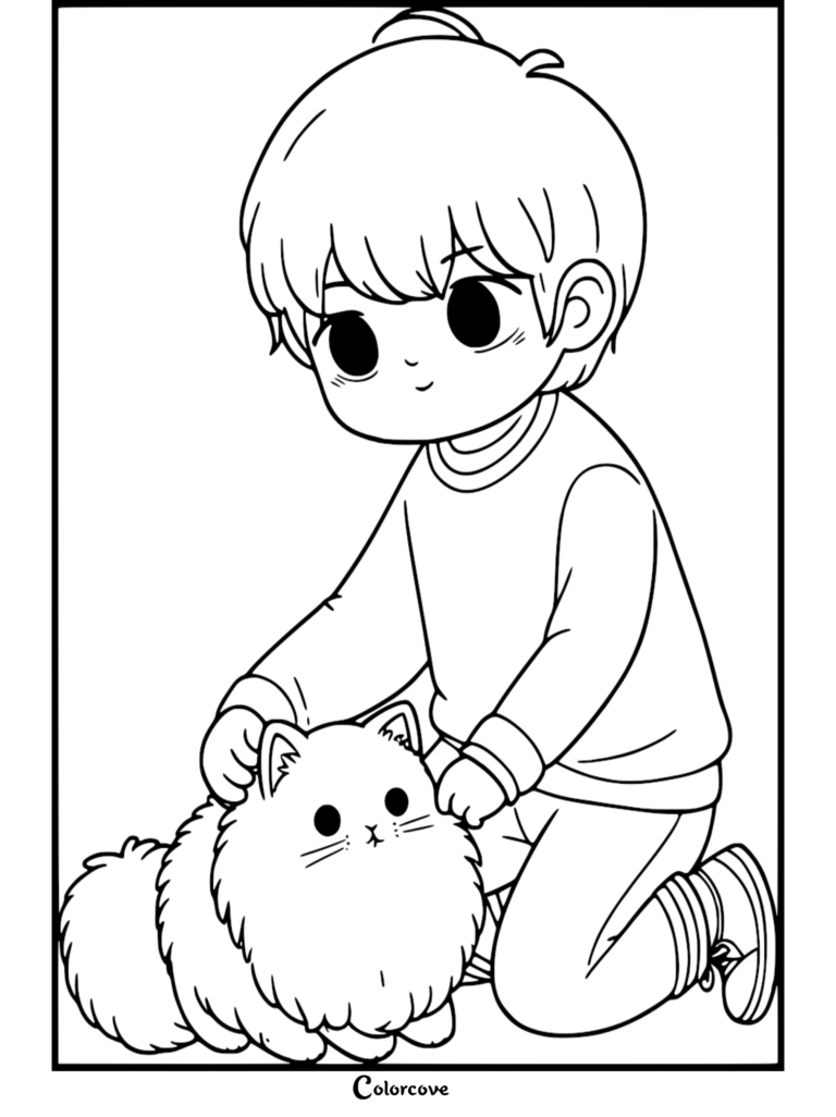 Un garçon agenouillé caressant un chat Ragdoll duveteux sur cette page de coloriage gratuite à imprimer.