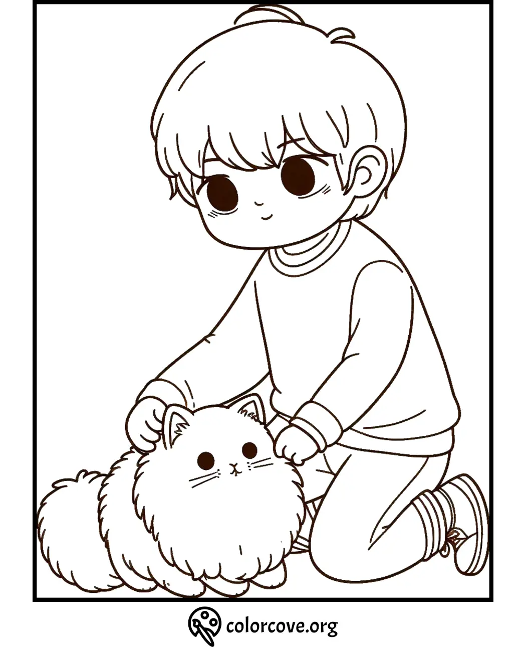 Child petting a fluffy cat coloring page. Perfect for kids and animal lovers. Download and print at colorcove.org.