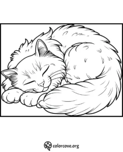 Cute sleeping cat coloring page for kids and adults. Download and print for relaxation and creativity.