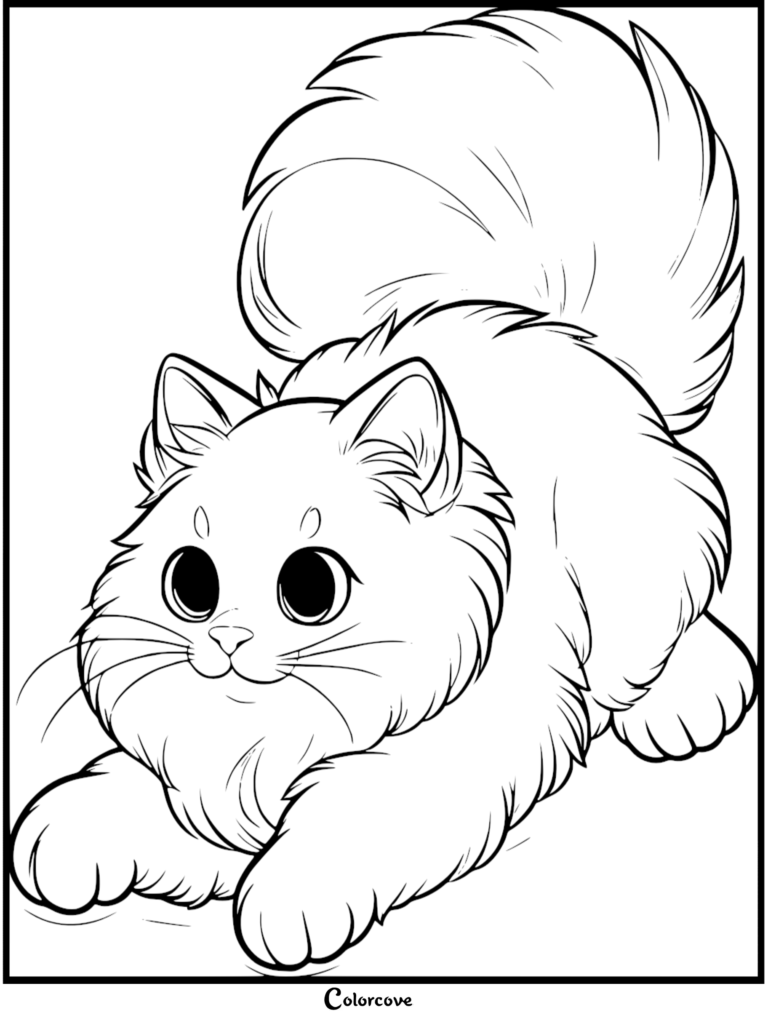 Un mignon chat Ragdoll dans une pose de bond enjouée pour une page de coloriage à imprimer.