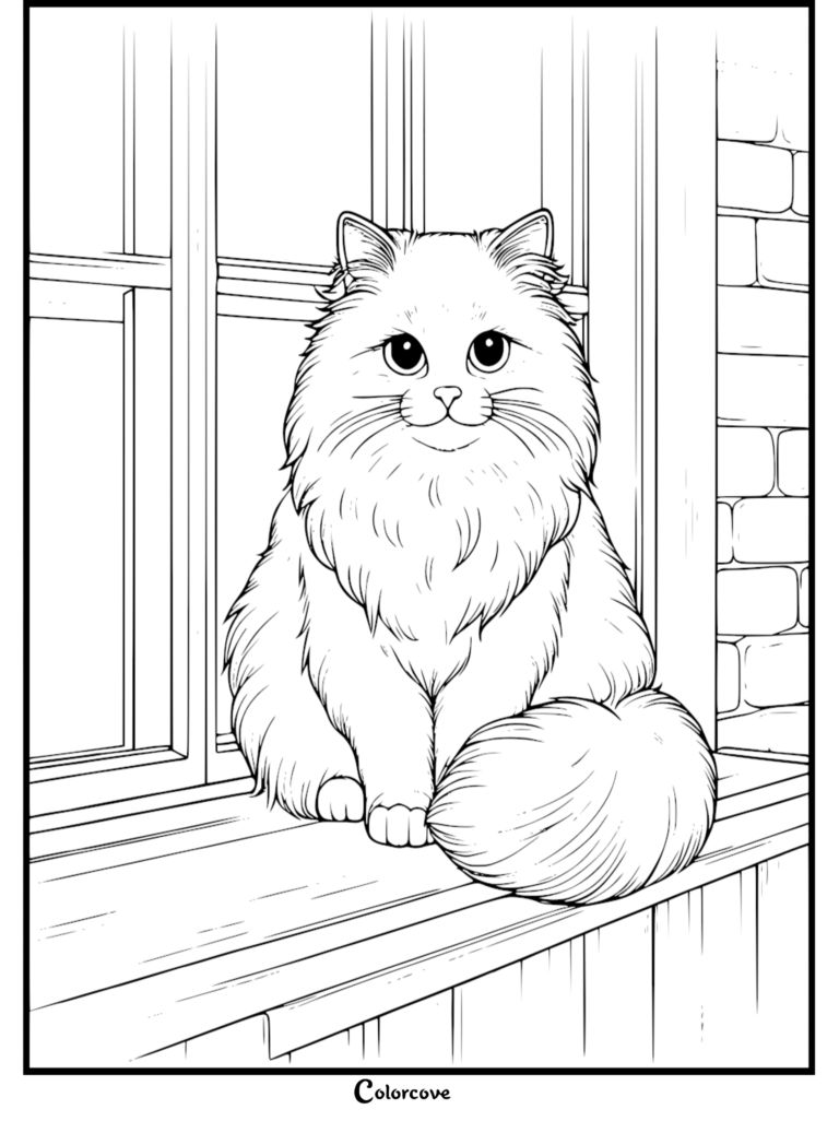 Un chat Ragdoll duveteux assis sur un rebord de fenêtre dans cette page de coloriage gratuite à imprimer.
