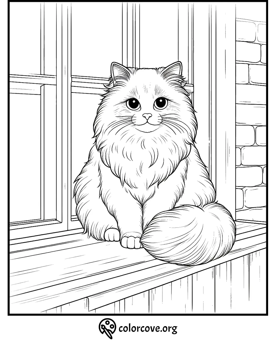 Cute fluffy cat sitting on a windowsill coloring page for kids and adults. Visit colorcove.org for more coloring pages.