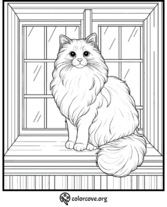 Cute fluffy cat sitting on window ledge coloring page for kids and adults. Relax and color this adorable cat scene.
