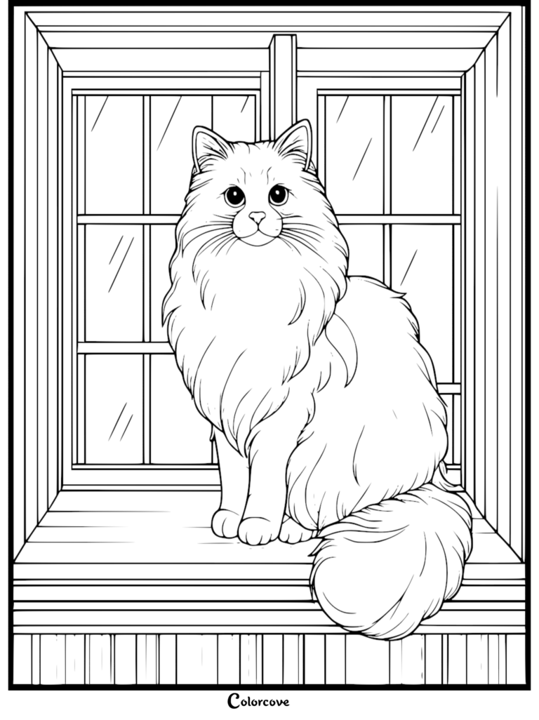 Un chat Ragdoll duveteux assis sur un rebord de fenêtre dans cette page de coloriage gratuite à imprimer.