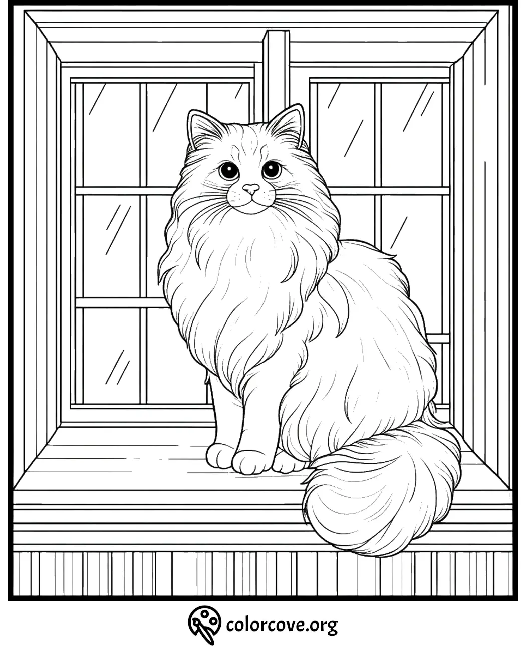 Coloring page of a fluffy cat sitting on a windowsill. Perfect for kids and cat lovers. Download at colorcove.org.