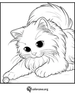 Cat coloring page: Cute fluffy kitten playing with a ball. Free printable coloring sheet for kids by colorcove.org.