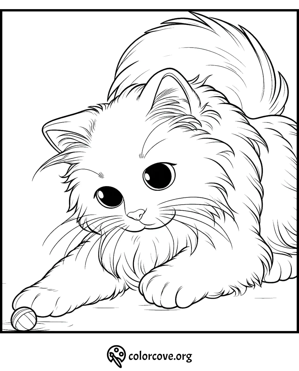 Cute kitten playing with a ball coloring page from ColorCove.org. Perfect for kids and cat lovers to color in.