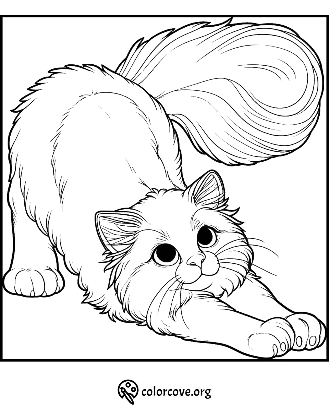 Cute cat stretching coloring page for kids and adults, free printable animal illustration from colorcove.org.