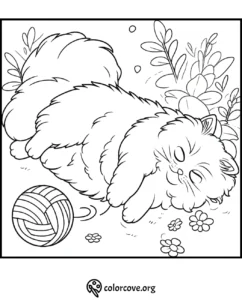 Coloring page of a fluffy cat lying on its back with a ball of yarn and flowers around, suitable for kids.