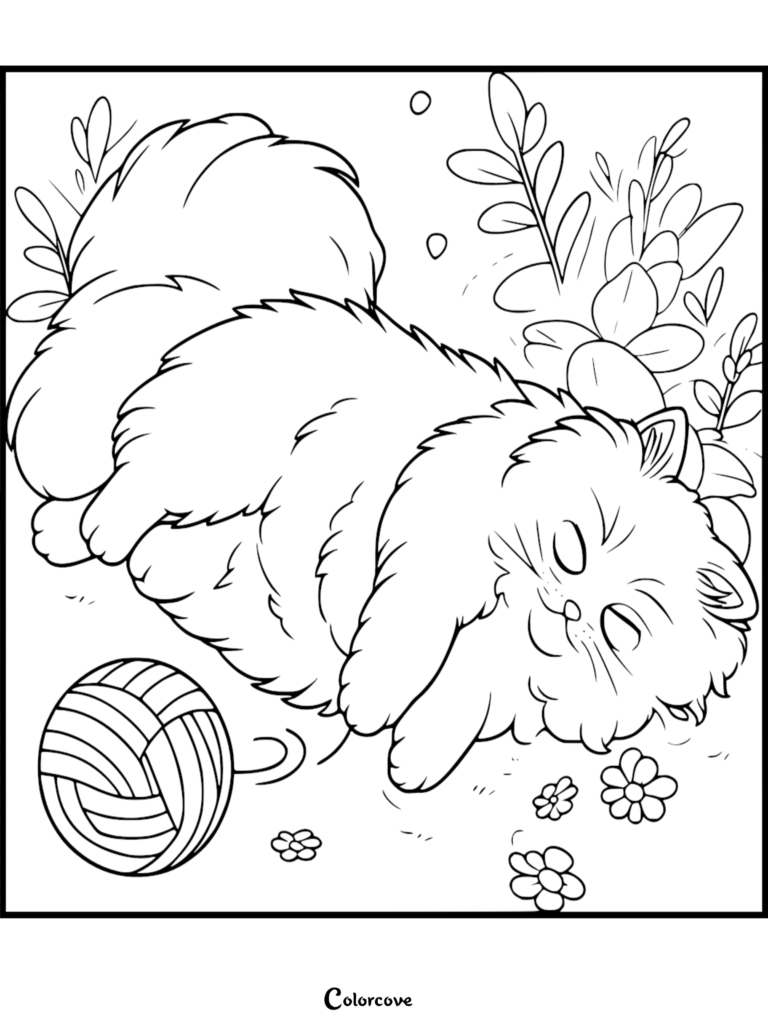 Un chat Ragdoll duveteux dormant paisiblement à côté d'une pelote de laine dans une page de coloriage de jardin.