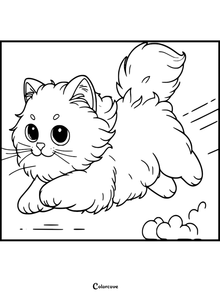 Un Chat Ragdoll pelucheux courant rapidement sur cette page de coloriage gratuite à imprimer.