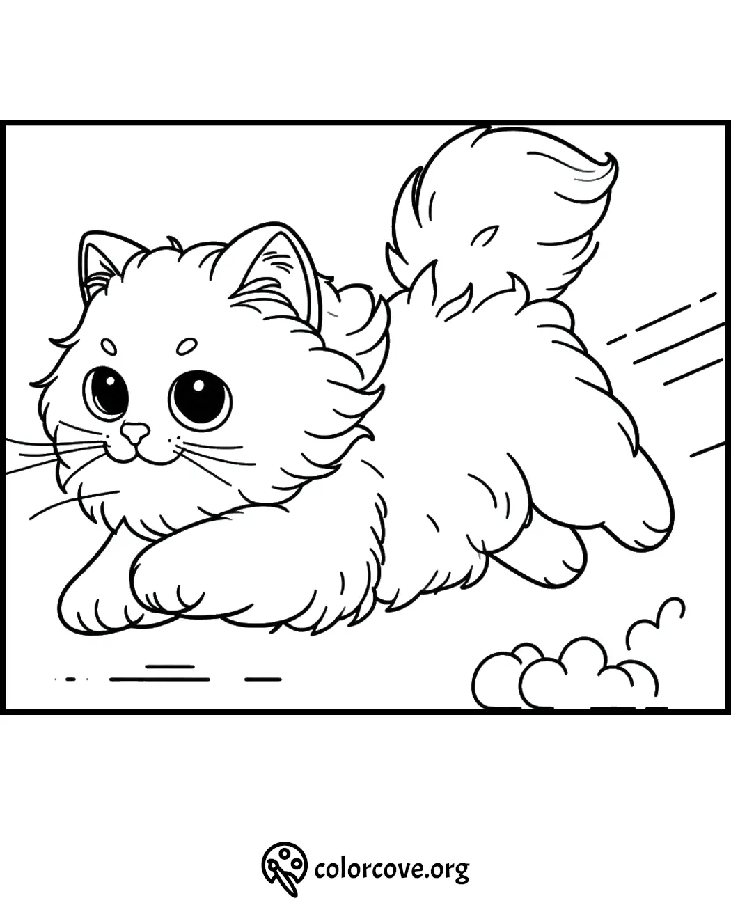 Cute fluffy kitten coloring page for kids to print and color. Perfect for cat lovers and creative activities.