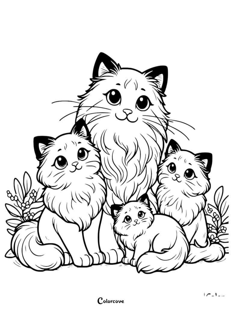 Une mère chat Ragdoll avec trois chatons dans un décor de jardin, présentée sur une feuille de page de coloriage gratuite à imprimer.