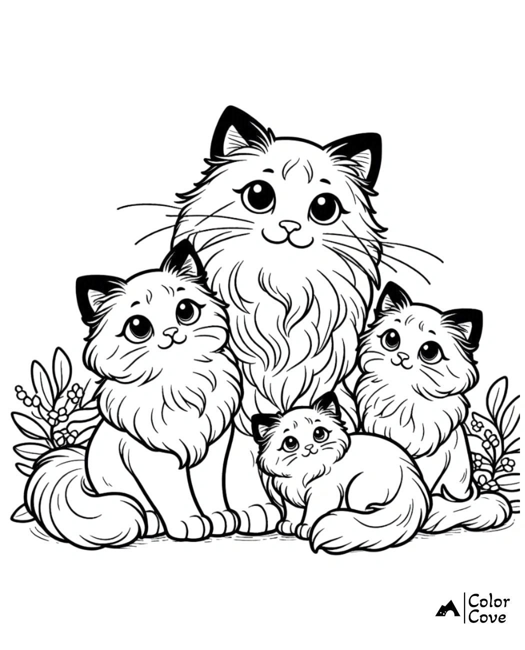 Cats coloring page featuring a family of cute, fluffy felines sitting together in a garden setting, perfect for kids.