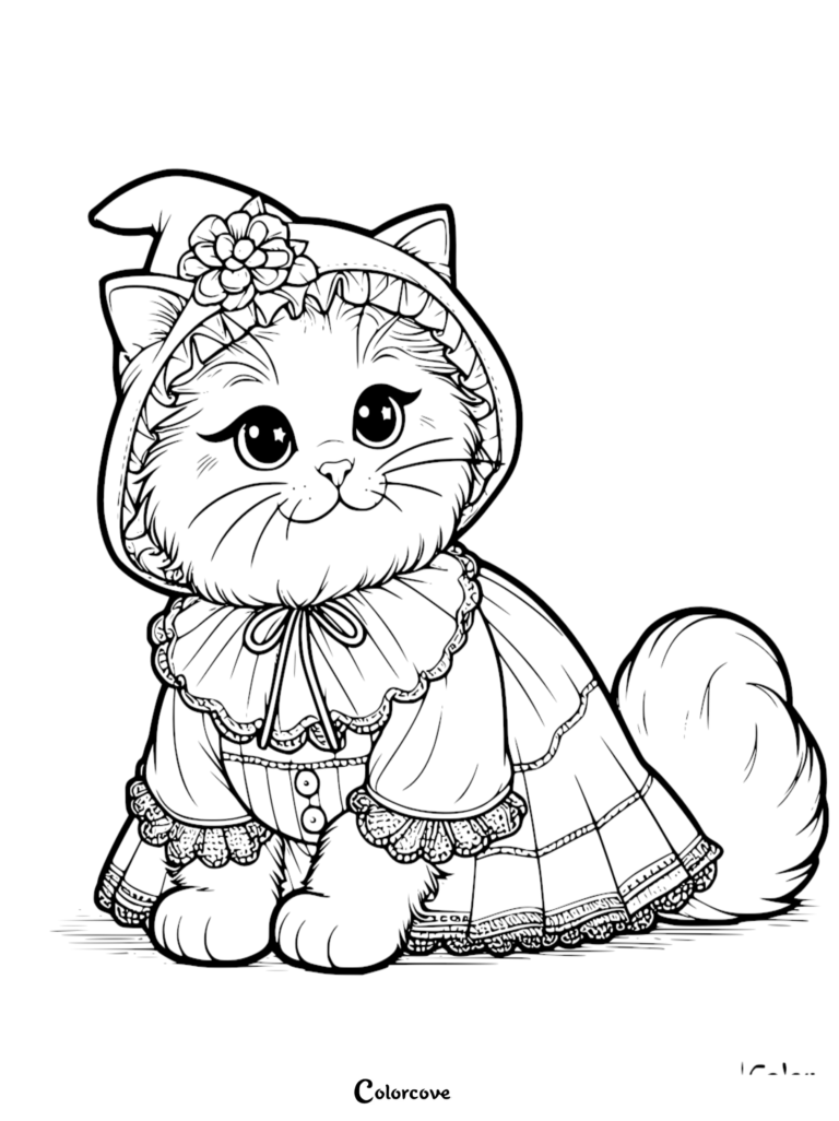 Un mignon chat Ragdoll portant un chapeau victorien à volants avec une fleur et une robe à volants assortie sur cette page de coloriage à imprimer.