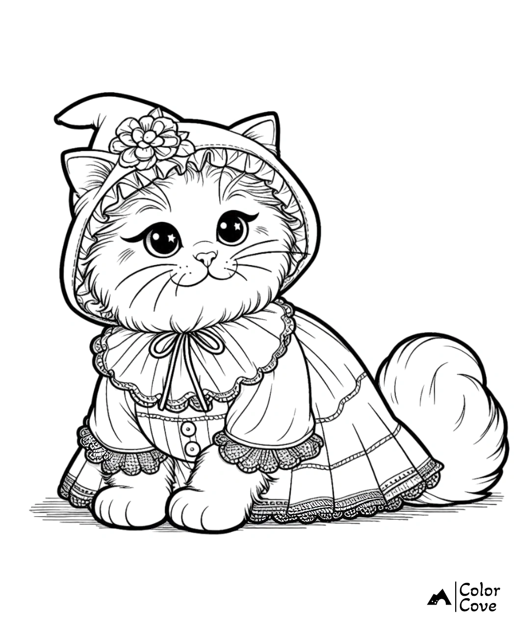 Cute kitten in a witch costume coloring page, featuring intricate details perfect for Halloween or fantasy fans.