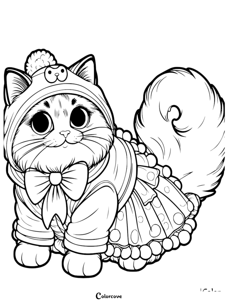 Un mignon chat Ragdoll portant un bonnet à pompon et une robe à pois sur cette feuille de page de coloriage gratuite à imprimer 12.