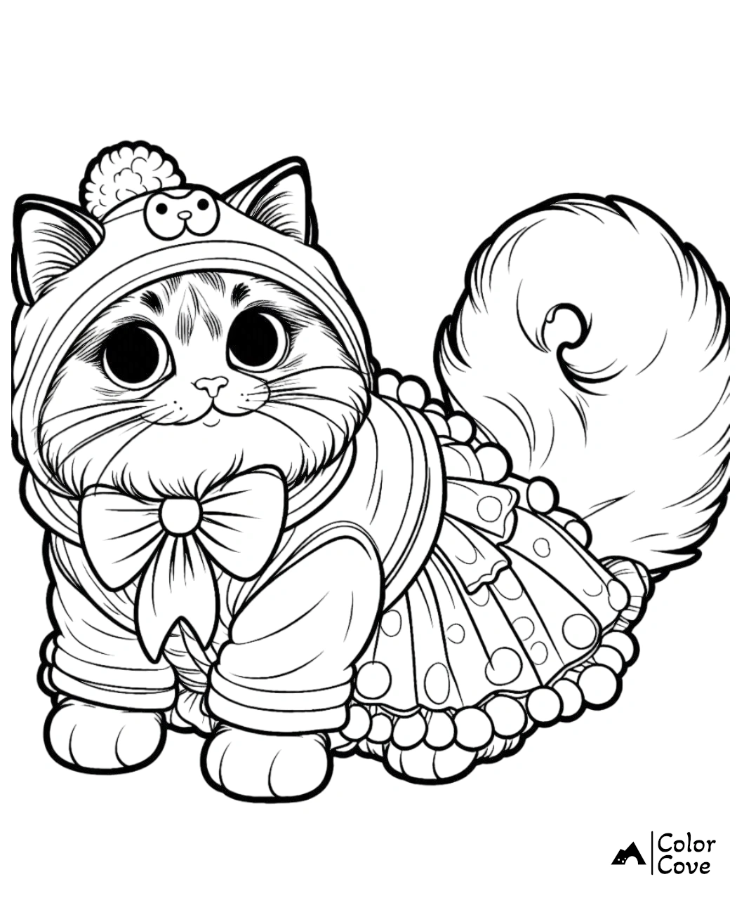 Adorable cat coloring page wearing a cute outfit with a bow and hat. Perfect for kids and cat lovers.