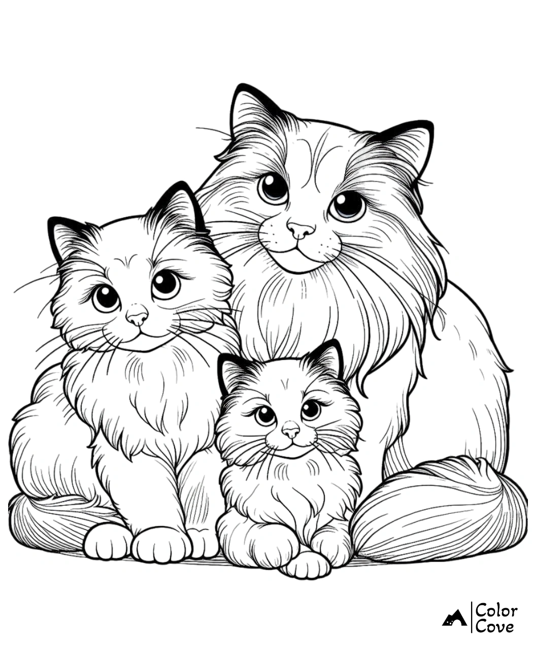 Coloring page of a cute family of three fluffy cats sitting close together, perfect for kids and cat lovers.